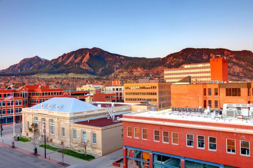 Boulder | rcastlemortgage.com A vibrant shot of the city of Boulder. Showcasing some of its many businesses and beautiful architecture. Great place for homeowning. Get a quote from Robert Castle Mortgage today.